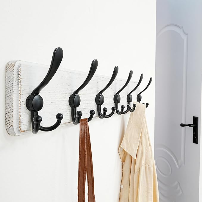 Coat Rack Wall Mounted - 24" Long 6 Tri Hooks, Heavy Duty Wooden Wall Coat Hanger Coat Hook for Clothes Hat Jacket Clothing, White and Black