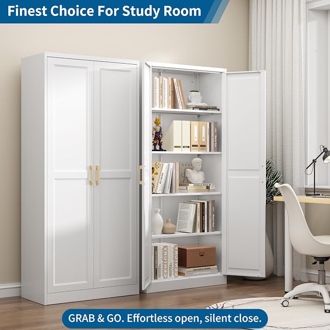 71" Tall White Metal Storage Cabinet with Doors, Heavy Duty | Freestanding Steel Kitchen Pantry Cabinet, 4 Adjustable Shelves (180 Lbs Load), Tall Cabinets for Home, Office and Garage