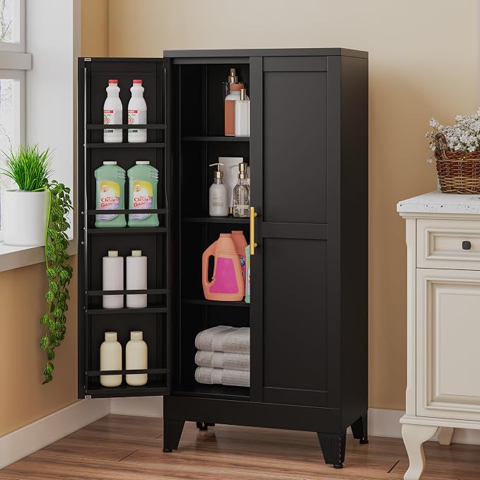 GAIOUS Metal Kitchen Pantry Cabinet, Storage Cabinets with 2 Door and 3 Adjustable Shelves, Black Freestanding Food Storage Cabinet, Steel Cupboard for Kitchen Dinning Room