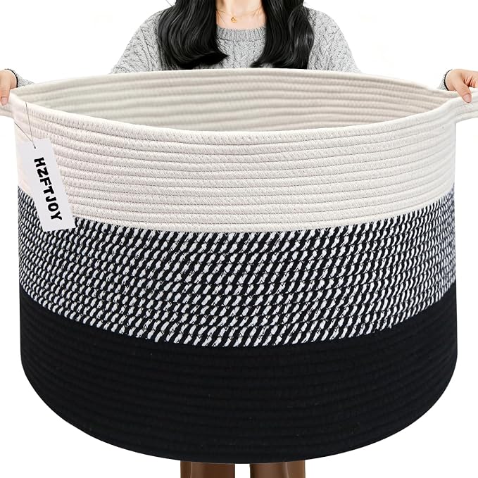90L Extra Large Blanket Basket,Woven Laundry Basket-Mixed Black | Collapsible Nursery Storage Bin with Sturdy Handles, Organizes Clothes, Toys and Pillows for Living Room, Bedroom, Bathroom