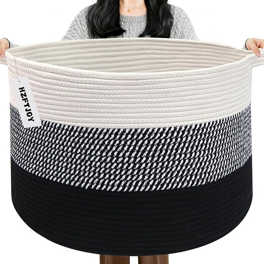 90L Extra Large Blanket Basket,Woven Laundry Basket-Mixed Black | Collapsible Nursery Storage Bin with Sturdy Handles, Organizes Clothes, Toys and Pillows for Living Room, Bedroom, Bathroom