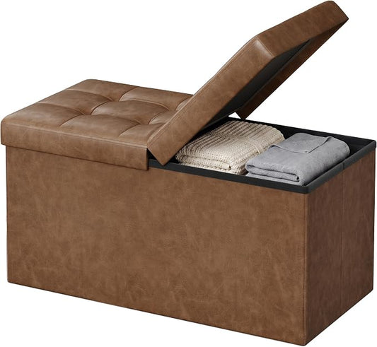 SONGMICS Home Foldable Foot Rest Stool, Storage Ottoman, Tufted Design, PU Leather, Easy Assembly and Cleaning, for Entryway, Living Room, Bedroom, 30.2 Inches, Brown
