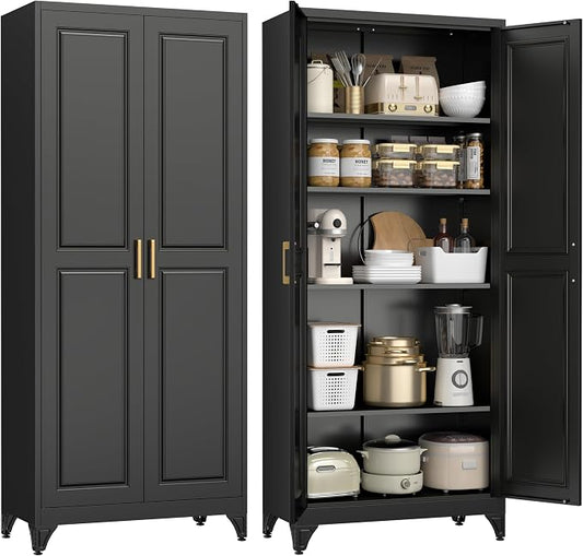 UNICOLY 75" Kitchen Pantry Cabinet, Metal Tall Storage Cabinet with Doors | Kitchen Storage Cabinets with 4 Shelves,Pantry Storage for Kitchens, Living Room, Dinning Room, Assembly Required, Black