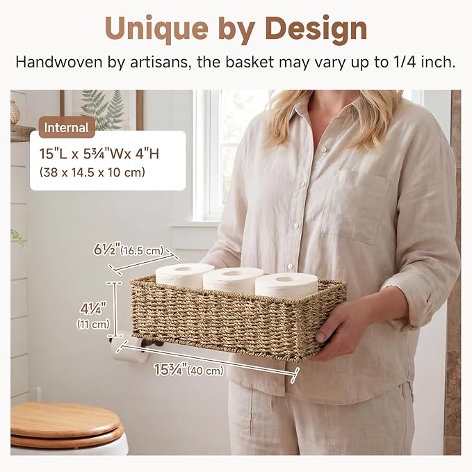 StorageWorks Toilet Paper Basket, Bathroom Basket Organizer for Storage | Long Narrow Wicker Seagrass Storage Baskets for Tank Topper, Decorative Toilet Tank Basket for Bathroom, Pantry, 2-Pack