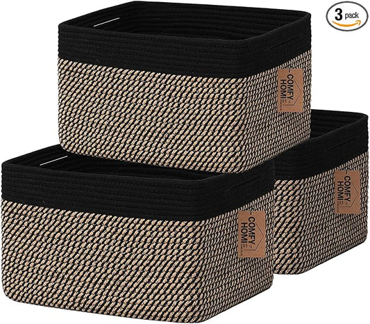 COMFY-HOMI 3PACK Cotton Rope Square Basket with Handles for Shelves|Dog Toy Bin and Storage|Baby Gift|Shoe Organizer|New 13.5" x 11" x 9.5" for Living Room (Black/Jute)