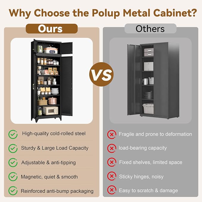 Polup 90" Tall Metal Kitchen Pantry Storage Cabinet with Doors and Shelves | Heavy-Duty Black Cabinet, 5 Adjustable Shelving, Gold Handles, Louvered Doors, for Dining Living Room, Bathroom & Garage
