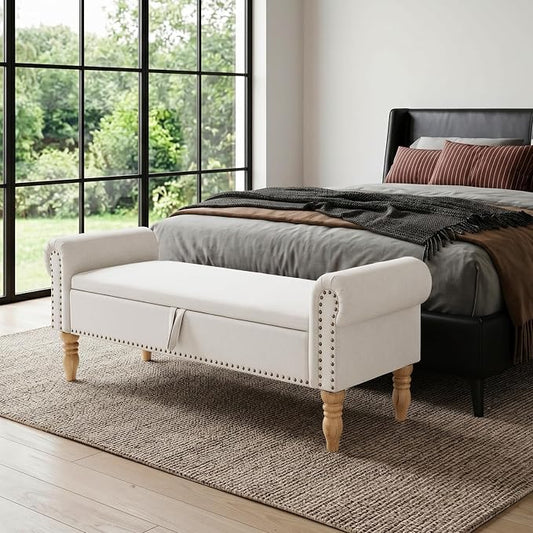 60" Corduroy Storage Bench, Queen End of Bed, White | Corduroy Upholstered, Bedroom/Entryway/Closet, Storage Ottoman Bench, Window Seat, Lift-Top, Tufted Button, Solid Wood Legs.