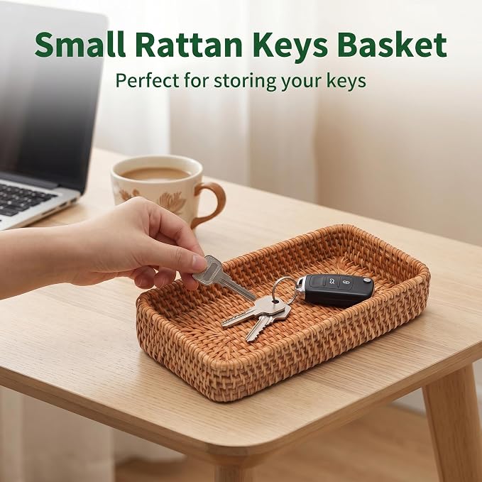 8 Inch Small Rattan Basket Natural Handwoven Tray for Keys Decor | Natural Handwoven Wicker Tray for Jewelry Keys Entryway Coffee Table Bathroom Vanity Wedding Christmas Housewarming Gift