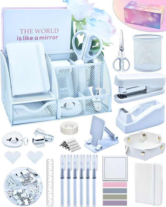 White Desk Accessories, 25Pcs White Office Supplies and Desk Organizers, with Tape Dispenser, Stapler, Staple Remover, Ect, Gift Box Packaging
