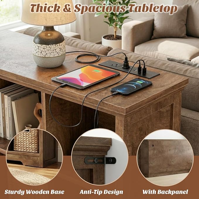 Aheaplus Wooden 8-Cube Storage Organizer with Charging Ports, Modern Cube Bookcase with Base, 3-Tier Floor Standing Open Cubbies Bookshelf, Cubicle Display Shelf for Home and Office, Cracked Oak