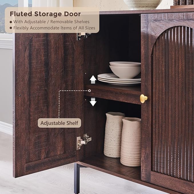 IFGET 123.5" W Modern Arched Sideboard Buffet Cabinet with Storage, Brown | Fluted Arch Sideboard Cabinet w/Adjustable Shelves, Wooden Modular Kitchen Cabinet for Dining& Living Room, Entryway