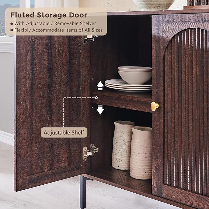 IFGET 34" Tall Modern Arched Sideboard Buffet Cabinet with Storage, Brown | Fluted Arch Sideboard Cabinet w/Adjustable Shelves, Wooden Modular Kitchen Cabinet for Dining& Living Room, Entryway