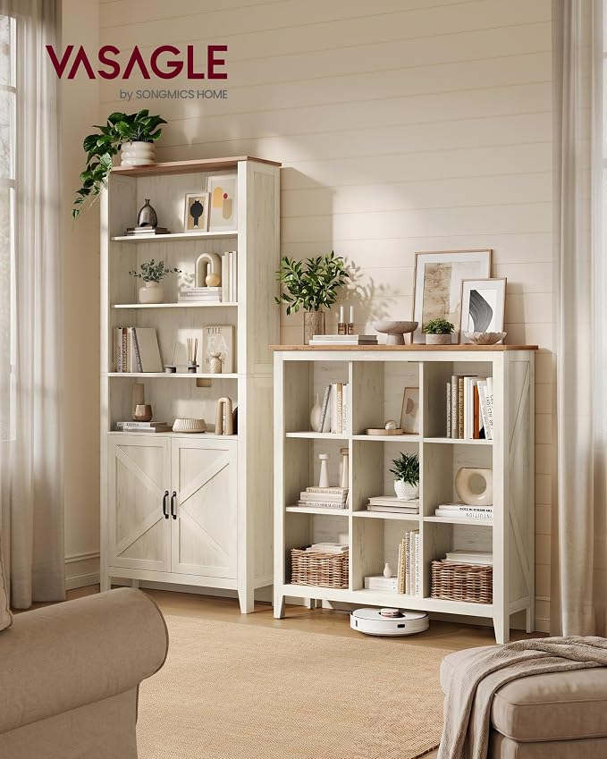 VASAGLE Liry Collection Farmhouse Bookcase, 9-Cube Storage Organizer with Legs, Adjustable Shelves, 38.6 x 11.6 x 41.3 in, for Home Office, Living Room, Cloud White and Warm Brown ULBC139W101S