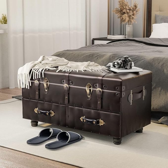 COZAYH Vintage Storage Bench, Upholstered Wooden Ottoman Chest Box, Brown