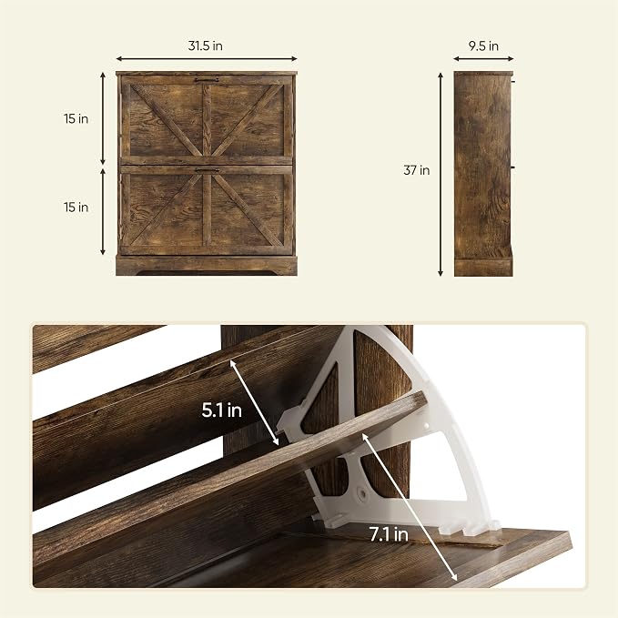 Semiocthome Farmhouse Shoe Storage Cabinet with 2 Flip Drawers, 31.5"(W) Freestanding Shoe Organizer with Barn Door and Metal Handles for Entryway, Corner Narrow Shoe Rack Cabinet - Rustic Brown
