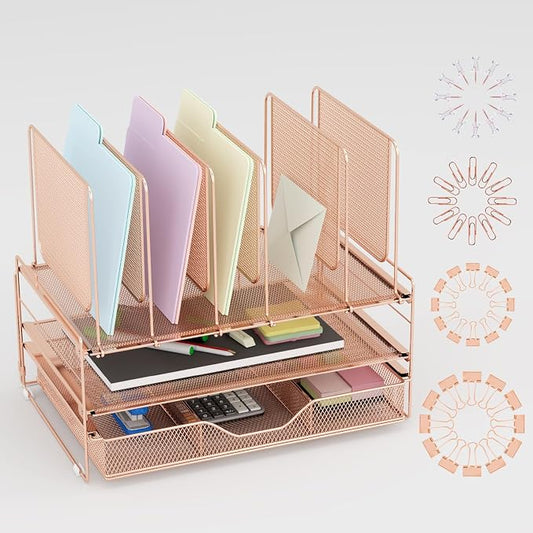 LEKETREE Rose Gold Desk Organizer, Office Organization with Vertical File Holder, File Organizer with Drawer and Office Supplies, Desk Accessories and Workspace Organizers (Rose Gold)