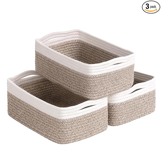 Goodpick 3-Pack Rope Storage Baskets for Gifts,11 x 7 x 4.5 in | Empty Baskets for Shelves, Dog Toy Basket, Closet Baskets for Organizing, Empty Baskets for Gifts, White & Light Brown