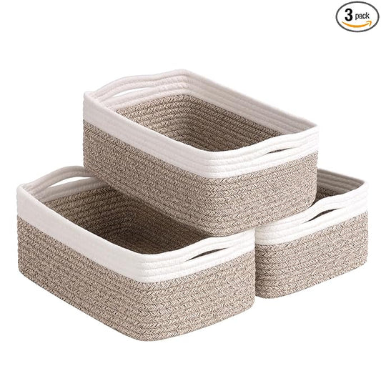 Goodpick 3-Pack Rope Storage Baskets for Gifts,11 x 7 x 4.5 in | Empty Baskets for Shelves, Dog Toy Basket, Closet Baskets for Organizing, Empty Baskets for Gifts, White & Light Brown