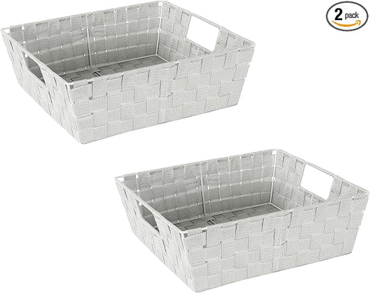 Simplify Large Shelf Woven Strap Tote | Decorative Storage Basket | Built in Handles | Organization | Closet | Bedroom | Bathroom | Nursery | Accessories | Toys | Gifts | 2 Pack | Heather Grey