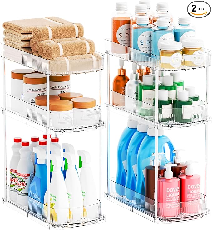 2 Pack 13.8″ Deep 3 Tier Under Sink Storage Organizer,Large Pull Out Bathroom Organizers and Storage,Slide Out Acrylic Undersink Storage Shelf,Kitchen Under Sink Organizer for Cleaning Products