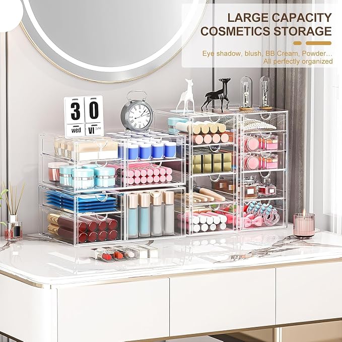 caktraie 4-Pack Acrylic 16-Drawer Storage & Makeup Organizer for Desk | Smooth-glide drawers, clear acrylic, stackable, dustproof, wipe clean, for office supplies, pens, jewelry, makeup