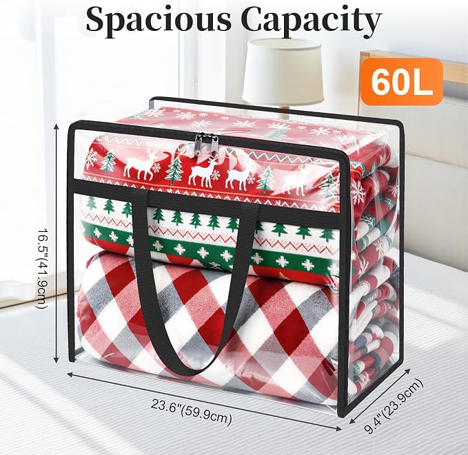 SpaceTrove Clear Storage Bags, 8-Pack Under Bed and Closet Organizers 60L | Clear PVC bags with zippers and handles, foldable waterproof moving bags store comforters, blankets, bedding, clothes and toy
