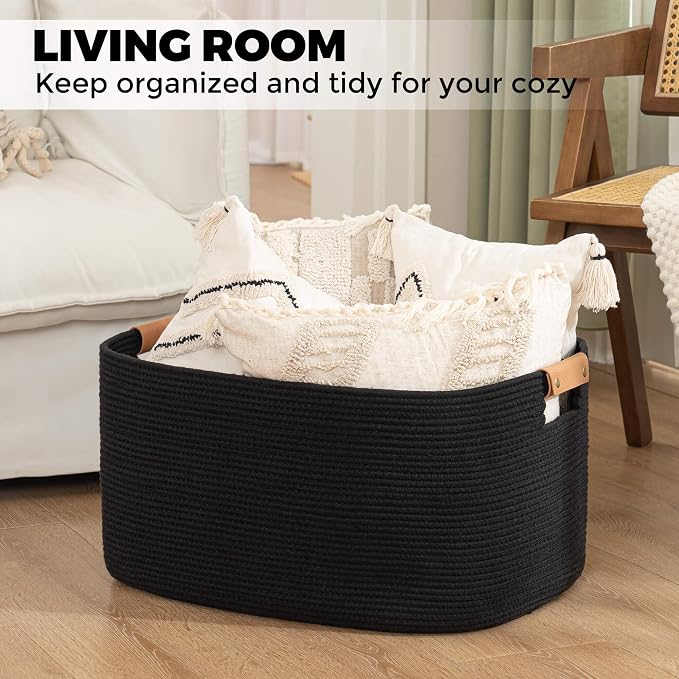 danpinera Large Woven Basket, 108 L Blanket Basket for Living Room, Nursery Bin for Toys Organizing & Laundry, Cotton Rope Hamper with Leather Handle, 25’’*16’’*16’’ Black