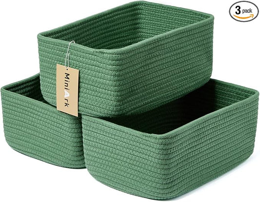 MiniArk Small Storage Baskets for Organizing | Closet Organizer Bins | Shelf Toy Basket | Woven Rope Baskets | Cube Decorative Box | Shallow Basket | 11.5x7.5x4.7” | 3 Packs Green