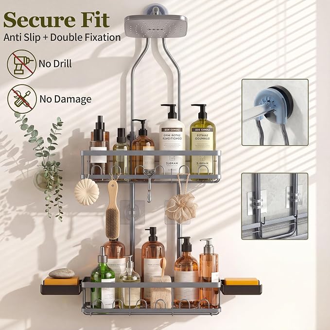 Skyapex Shower Caddy Hanging: Adjustable Height Organizer for Over Showerhead - Rustproof Shower Shelves with Hooks & 2 Soap Holders