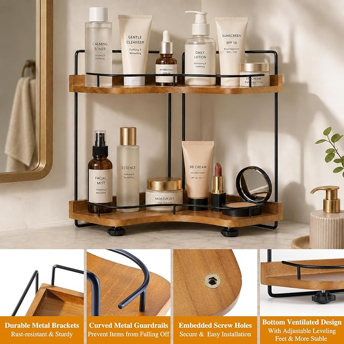 2-Tier Bathroom Counter Organizer, Solid Wood Corner Shelf for Vanity Countertop, Skincare & Makeup Storage Organizer with Metal Frame, Kitchen Counter Storage, Walnut