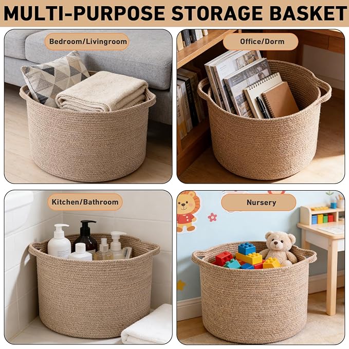 90L Extra Large Blanket Basket,Woven Rope Laundry Basket-Brown | Collapsible, reinforced handles, nursery storage bin organizes clothes, toys and pillows for living room, bedroom bathroom.
