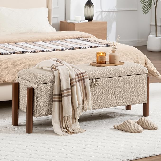 55'' Modern Storage Ottoman Benches | Walnut Wood Legs 26 Gallons Storage Space Fabric Upholstered Seating End of Bed for Bedroom Livingroom Khaki