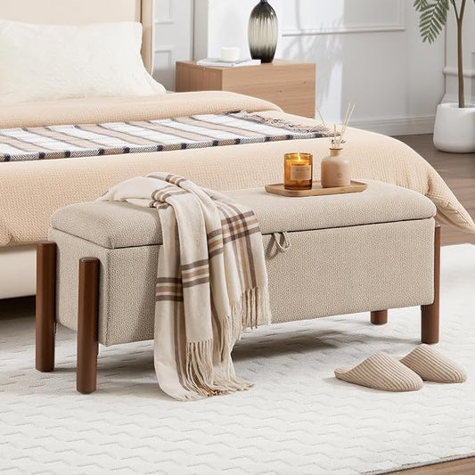 55'' Modern Storage Ottoman Benches | Walnut Wood Legs 26 Gallons Storage Space Fabric Upholstered Seating End of Bed for Bedroom Livingroom Khaki