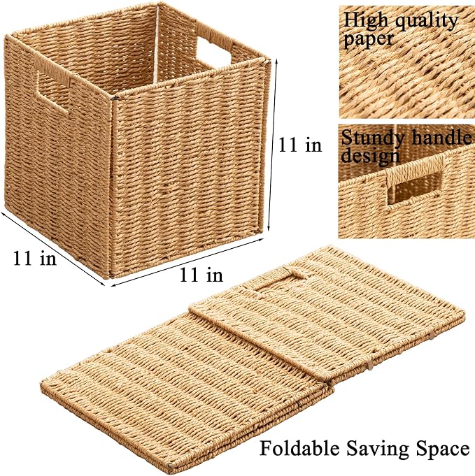 Foldable Storage Baskets with Handles Paper Rope Storage Baskets Rectangle Collapsible Hand Woven Storage Cubes Bins for Organizing Shelves Living Room Bedroom Pantry (3, 11'' x 11'' x 11'')