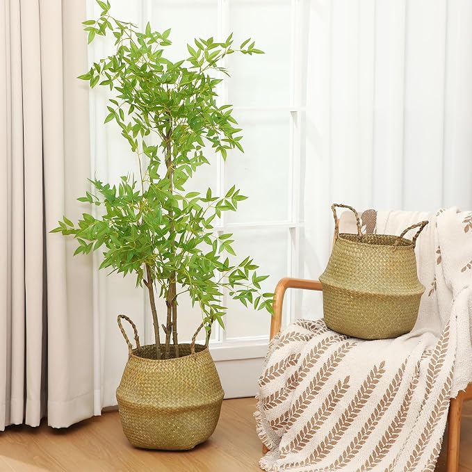 Qunclay 4 Pcs Woven Seagrass Baskets Belly Basket Folding Boho Natural Plant Pot with Handles Round Decorative Wicker Large Indoor Planter for Home Outdoor Tree Planters Decor (XL,12''dx13.8''h)