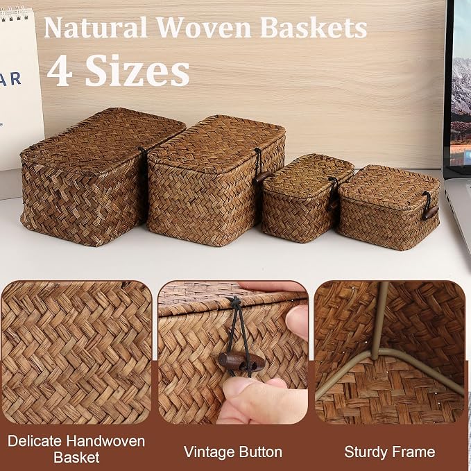 Small Wicker Basket with Lid, Handwoven Seagrass Organizer | Wicker Shelf Basket Rectangular Multipurpose Desktop Organizer Bin for Key, Remote Control, 7.0" x 4.3" x 3.3"
