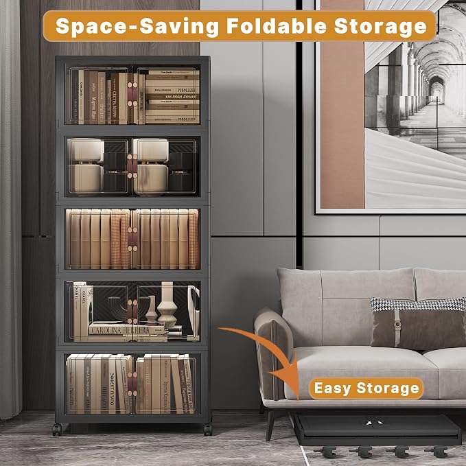 Stackable Storage Bins with Lids, 260QT Closet Organizers and Storage Cabinet with Doors & Wheels, Lockable Plastic Foldable Drawers for Bedroom Dorm Office Garage（52QT*5,Black）