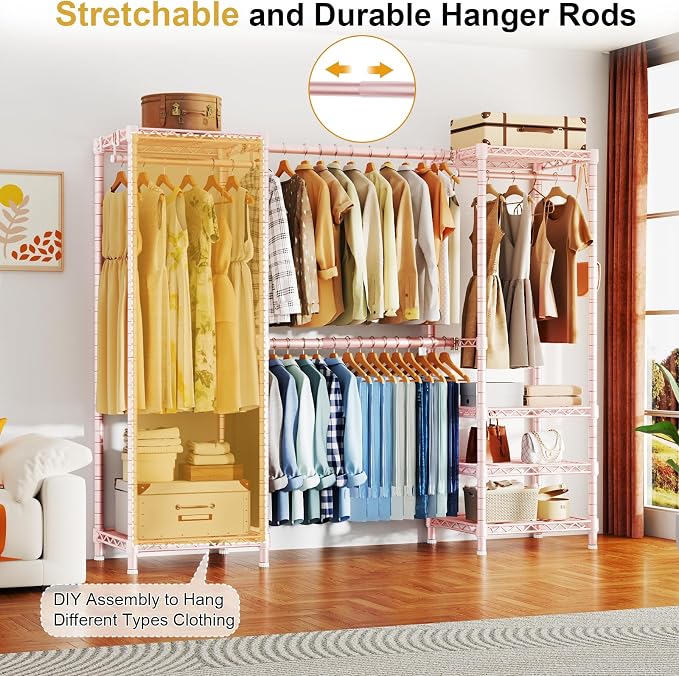 Ulif E7 Garment Rack, Heavy Duty Clothes Storage System with Extendable Hangers Rods, Metal Clothing Rack with 6 Wire Shelves, (52.3"-72") W x 14.5" D x 71.2" H, Load 838lbs, Pink | Metal Clothing Rack with 6 Wire Shelves, Freestanding Portable Closet ...