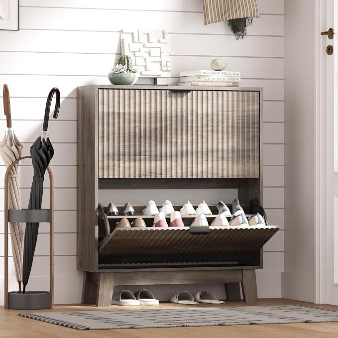 HUANLEGO Shoe Cabinet Storage for Entryway with 2 Flip Drawers, Fluted Narrow Shoe Organizer with Wooden Legs, Freestanding Slim Shoe Storage Hidden Shoe Rack Organizer for Front Door Entrance, Grey
