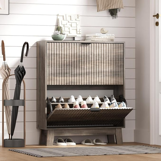 HUANLEGO Shoe Cabinet Storage for Entryway with 2 Flip Drawers, Fluted Narrow Shoe Organizer with Wooden Legs, Freestanding Slim Shoe Storage Hidden Shoe Rack Organizer for Front Door Entrance, Grey