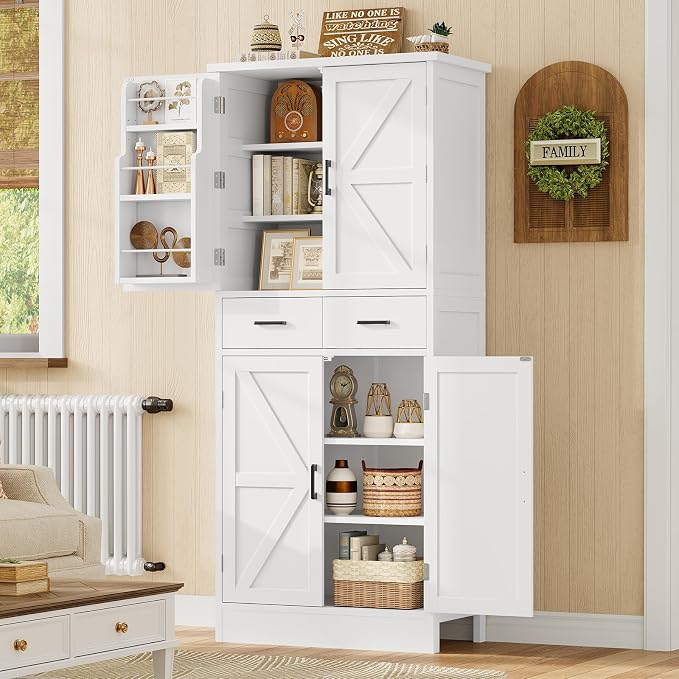 TEENFON Farmhouse Pantry Cabinet, 66.9″H Tall Kitchen Storage Cabinet with Barn Doors, Adjustable Shelves & Drawer, Freestanding Cupboard for Kitchen, Dining Room, Living Room, Bathroom, White