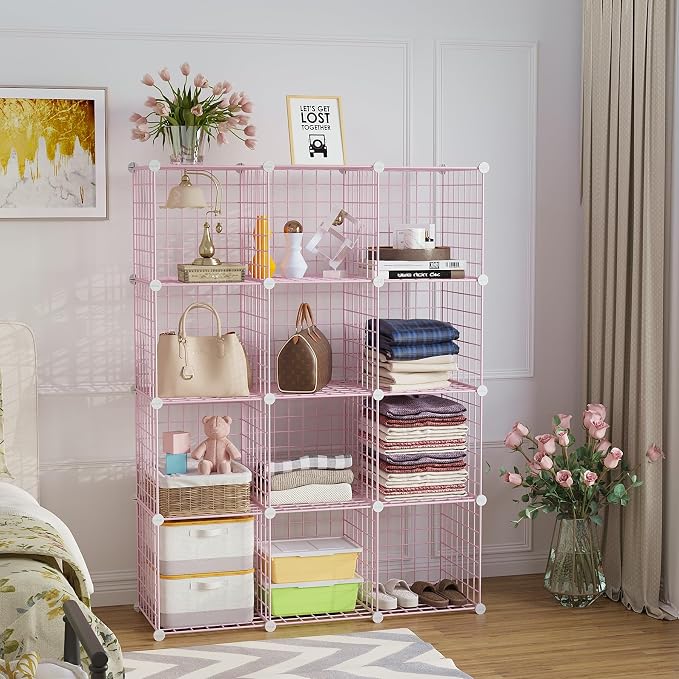 C&AHOME Wire Cube Storage, 12 - Cube Organizer Metal C Grids, Closet, Pink | Modular Shelves Units Storage Bins Shelving Bookshelf Shelf Cabinet