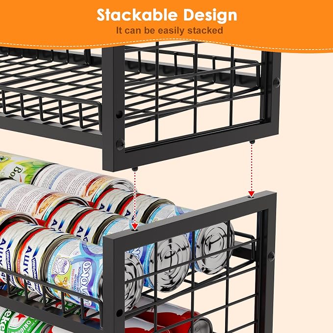 JKsmart 2-Tier Stackable Can Organizer, Extra-Long Can Rack for Pantry Storage, Adjustable Can Dispenser Holds Up to 64 Cans, 12mm Metal Frame, Super Sturdy Holders for Various Canned Food Soda-2 Pack