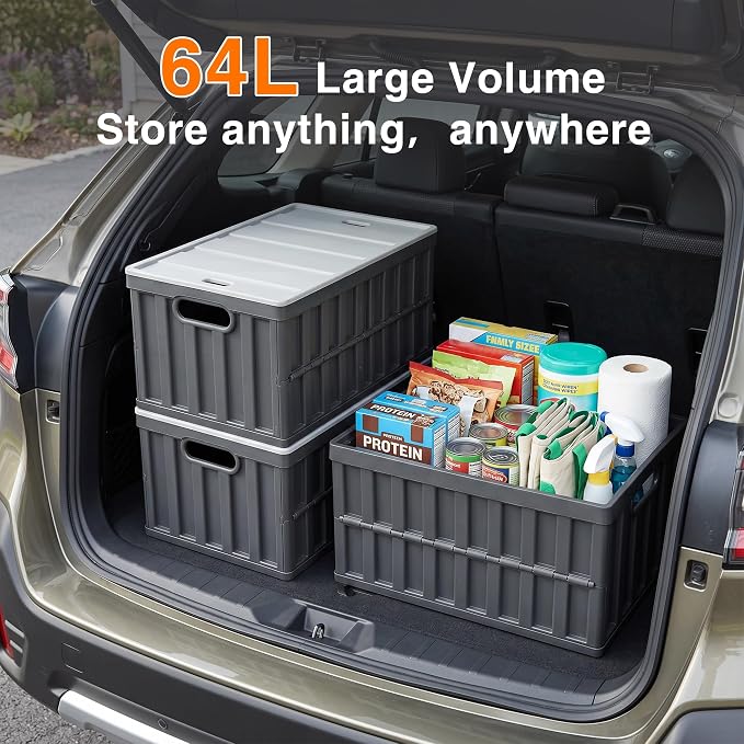 Citylife 64L Collapsible Storage Bins with Lids Plastic Storage Containers for Organizing Stackable Storage Box Large Heavy Duty Utility Crates, 2 Packs
