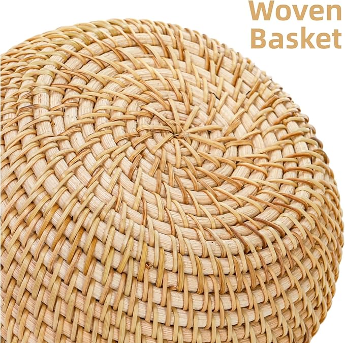 WRINGKIT Small Rattan Basket Box with Lid, Handmade Woven | Round Storage Basket, Multi-purpose Wicker Bowl, Decorative Farmhouse Basket Bin for Shelf, Home, Bathroom, Picnic
