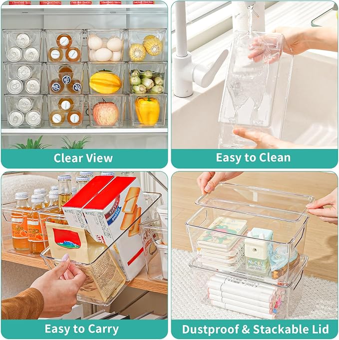 6 Pack Small Clear Storage Bins with Lids, Acrylic Arts and Craft Storage Containers, Stackable Clear Plastic Craft Storage Bins with Handles for Classroom Storage Organization,Kitchen, Fridge, Office