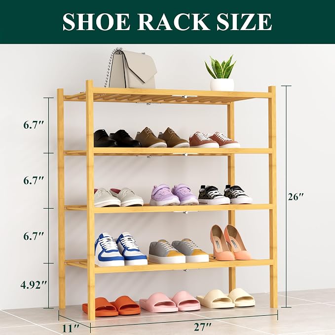 Smiry Bamboo Shoe Rack, 14 Vertical Slats, 4 Tier - 26.8" Wide, Natural | Stackable Free Standing Wooden Shoe Organizer, Wood Shoe Storage Shelf for Closet, Entryway, Thicher Leg