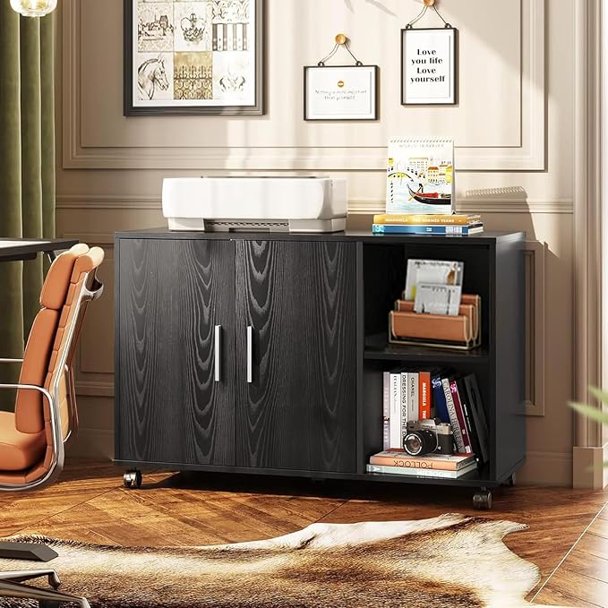 DEVAISE Office Storage Cabinet, Lateral Printer Stand, Black | Doors and Shelves, Mobile File Cabinet, Large Office Supplies and Craft Storage
