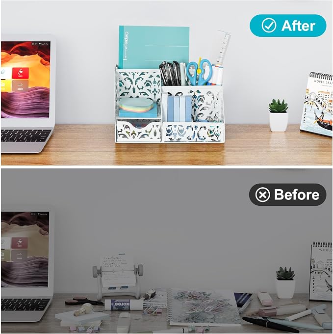 EasyPAG Desk Organizer and Pen Holder for Desk, Mesh Office Supplies Storage Caddy with Drawer for Small Space, Desktop Organizer for Home Office, White