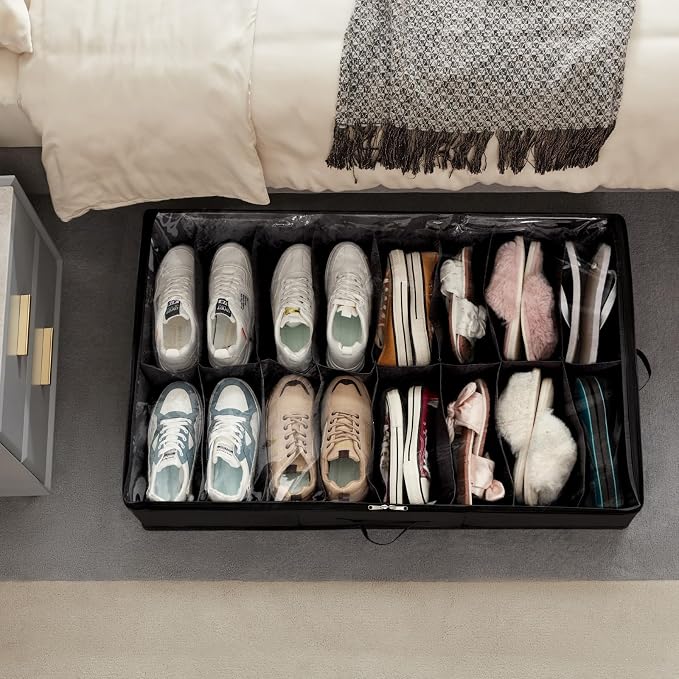 Lifewit Under Bed Shoe Storage Organizer 1 Pack(16 Shoes Cells+4 Boots Cells), 4.3 Inches Profile Fabric Shoes Container Box with Clear Cover, Foldable Storage Bag with 2 Handles, Fits 12 to 20 Pairs